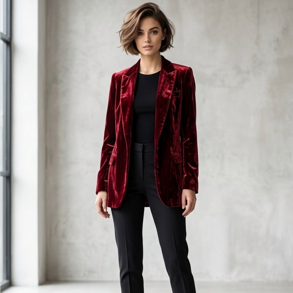 Alice + Olivia Crushed Red Velvet Open Blazer Jacket Size XS Business Casual